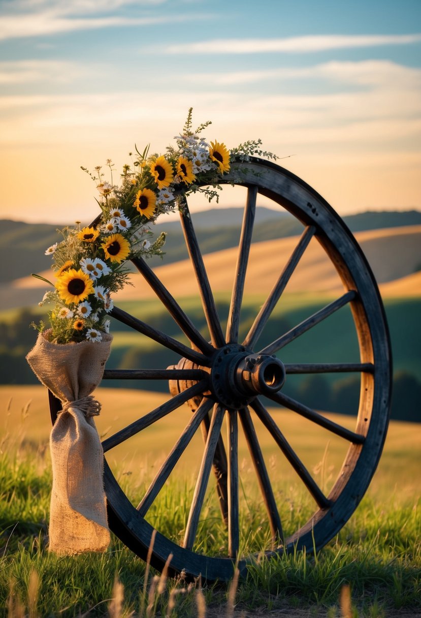 A rustic wagon wheel adorned with wildflowers and burlap, set against a backdrop of rolling hills and a golden sunset