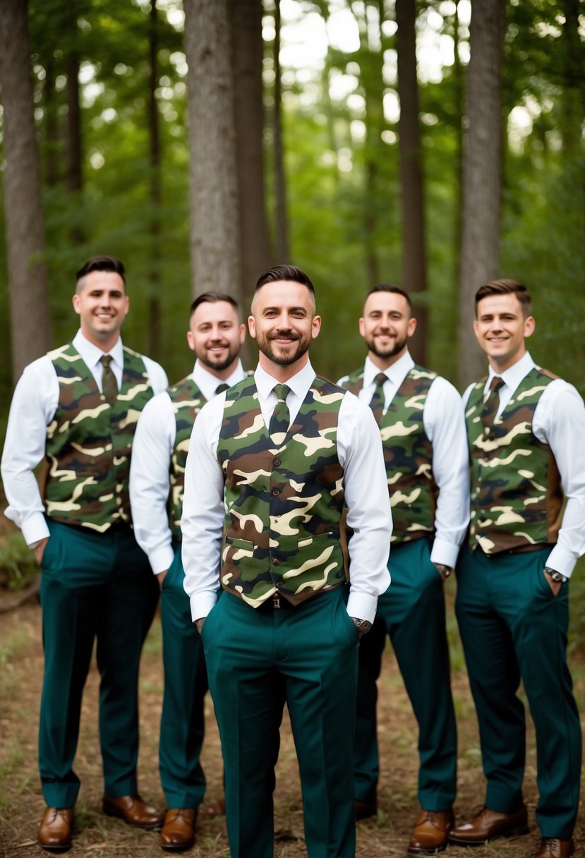 Groomsmen wearing camo ties at a woodland-themed wedding