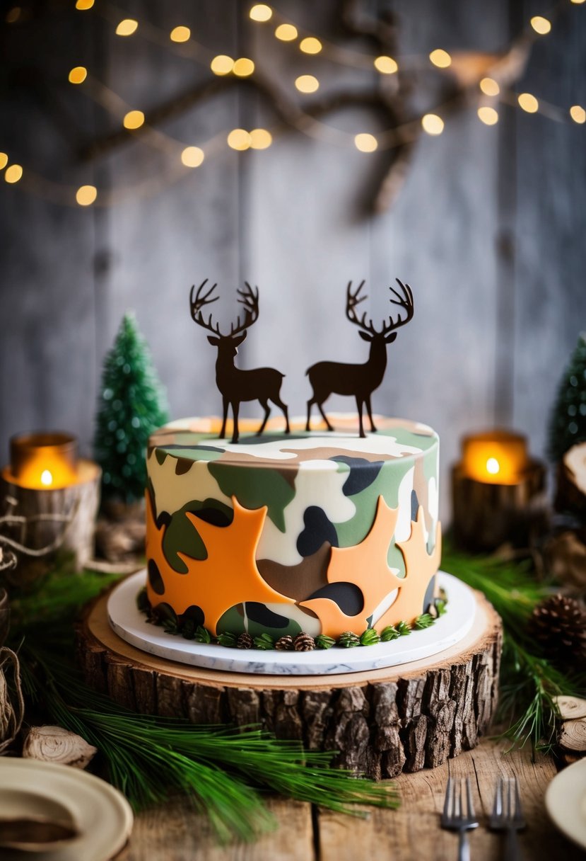 A camo wedding cake with deer toppers sits on a rustic wooden table, surrounded by hunting-themed decor and woodland accents