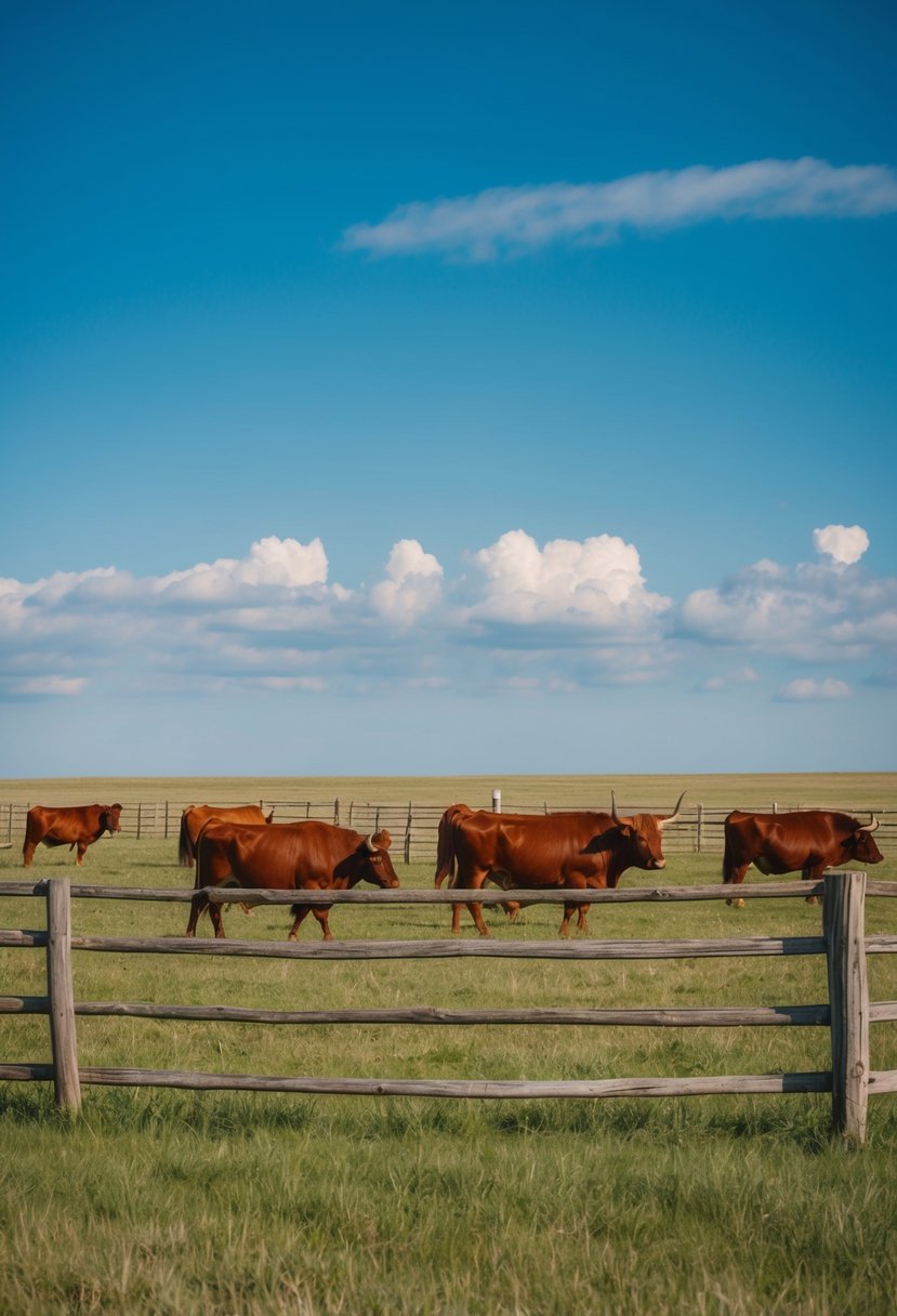 A rustic wooden fence with longhorn cattle grazing in a wide open field under a big blue sky