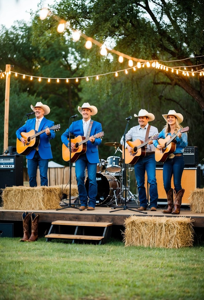 A lively country band plays on a rustic outdoor stage at a western-themed wedding, surrounded by hay bales, cowboy boots, and string lights