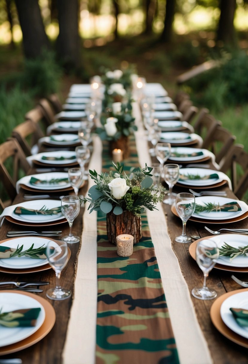 A woodland-themed wedding table with camo table runners, surrounded by rustic decor and greenery