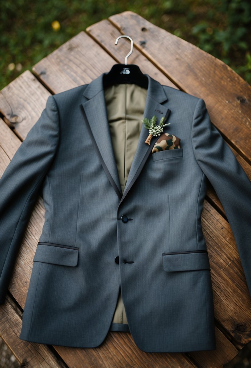 A groom's suit jacket with camo pocket squares on a rustic wooden table