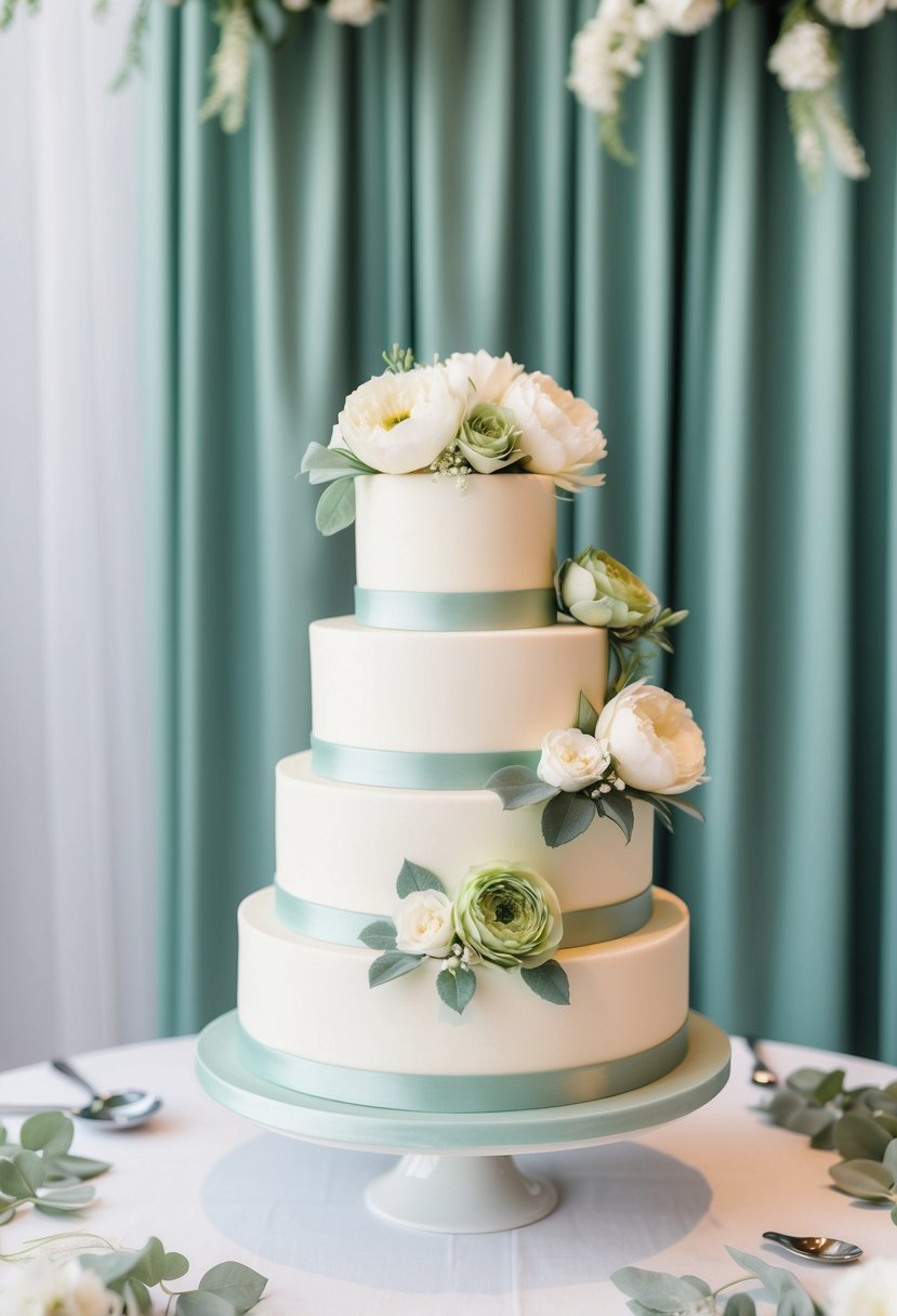 A three-tiered wedding cake adorned with white and sage green flowers, set against a backdrop of sage green wedding decor