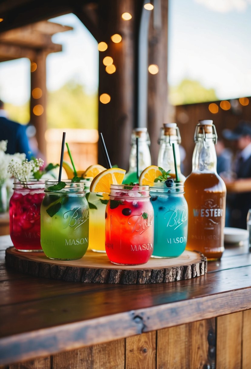 Mason jars filled with colorful cocktails on a rustic wooden bar at a western-themed wedding