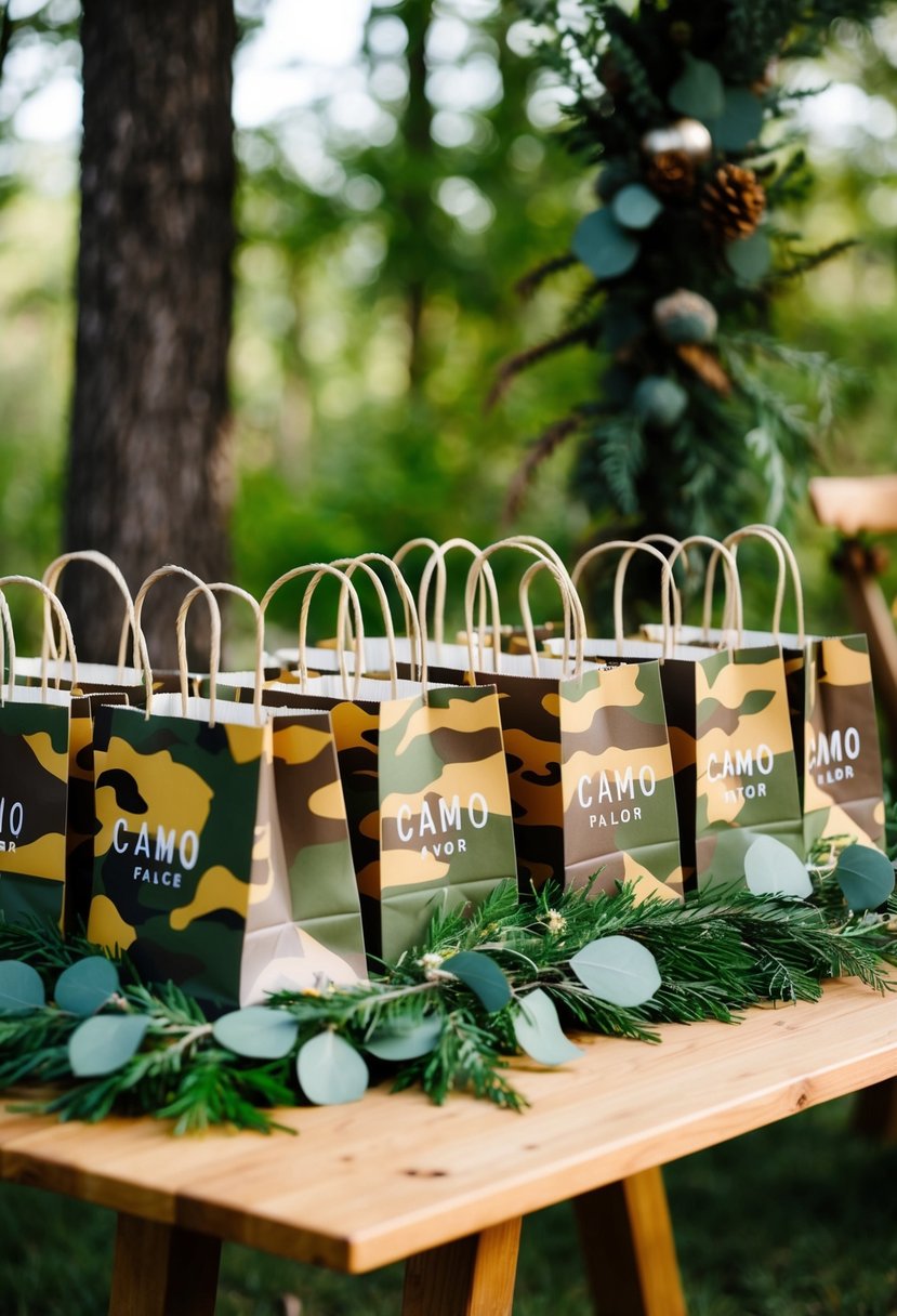 A rustic outdoor wedding with personalized camo favor bags displayed on a wooden table, surrounded by greenery and woodland decor