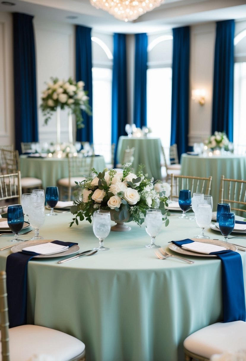 A serene wedding reception with sage green and navy blue decor, featuring elegant floral arrangements and subtle, sophisticated details