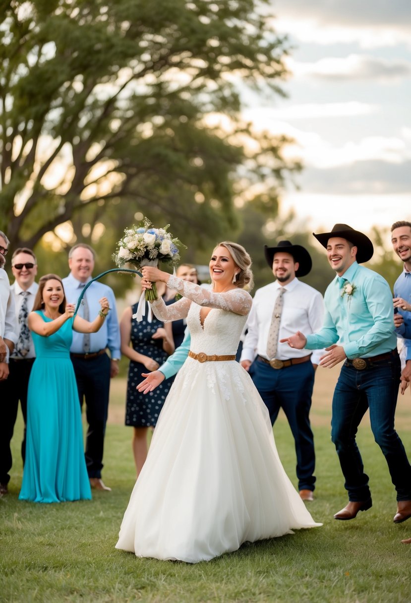 A bride in a western dress lassos a bouquet toward a group of excited wedding guests