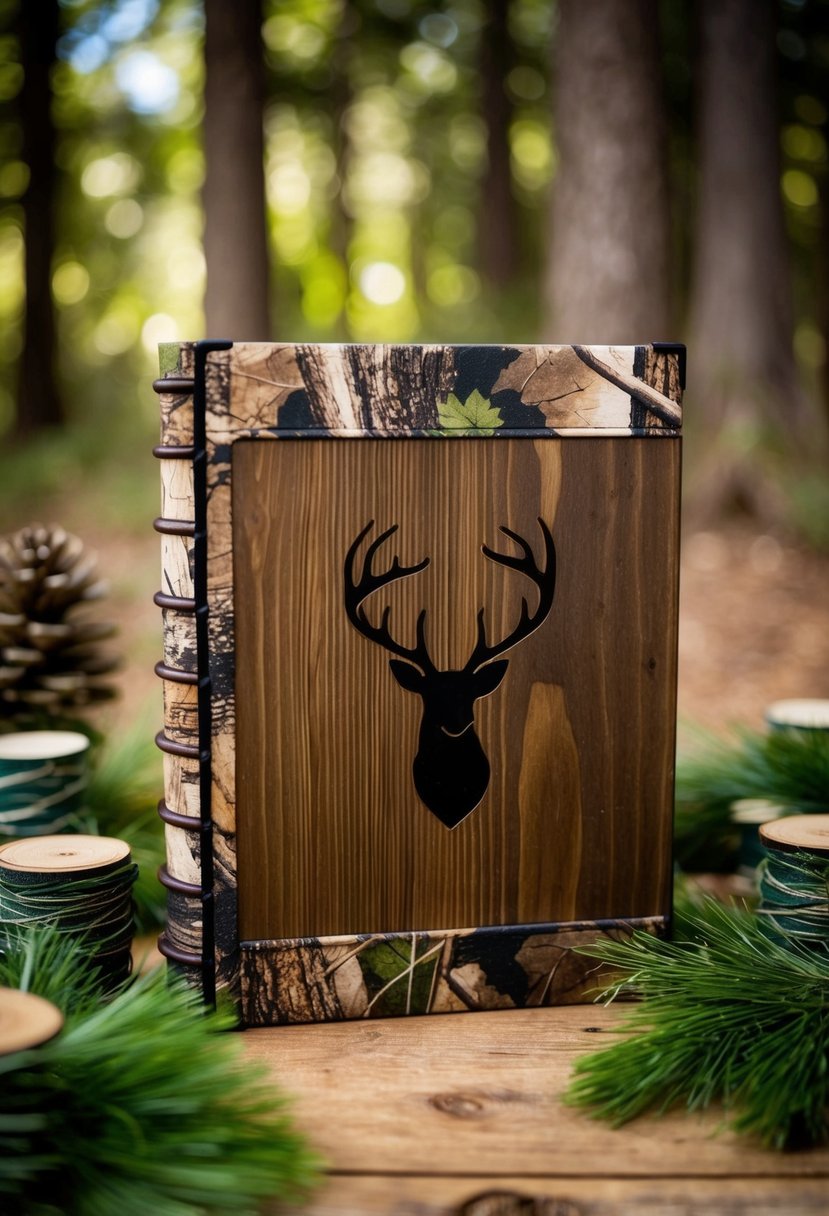 A rustic wooden guest book with a deer motif and camo fabric cover, surrounded by woodland accents