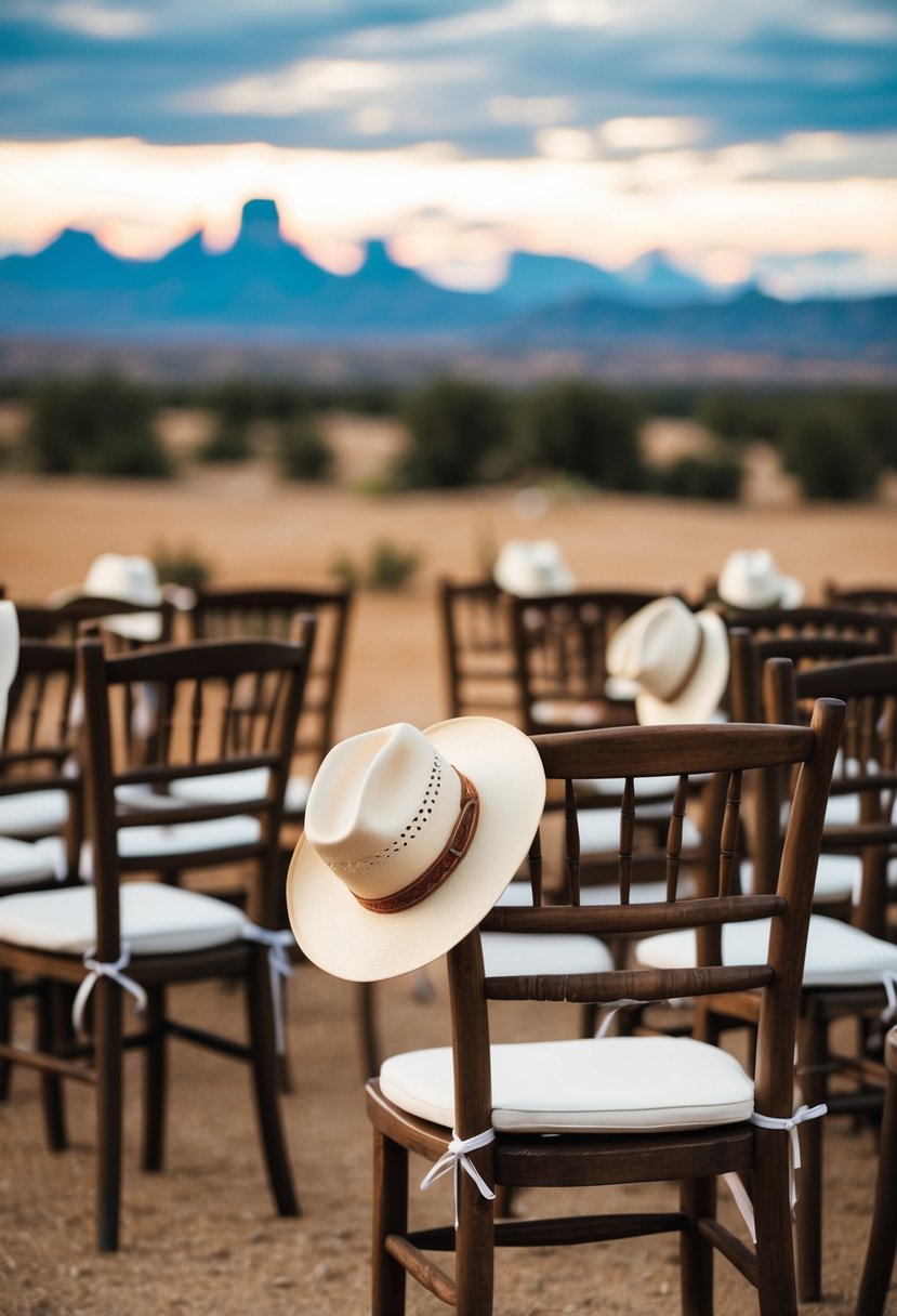 A rustic wedding scene with cowboy hats on wooden chairs, set against a backdrop of a western landscape