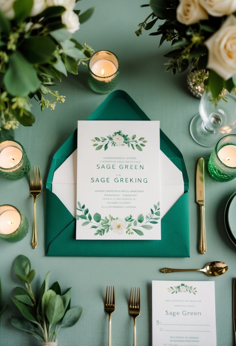 A charming sage green invitation suite with floral motifs on a table surrounded by sage green wedding decor