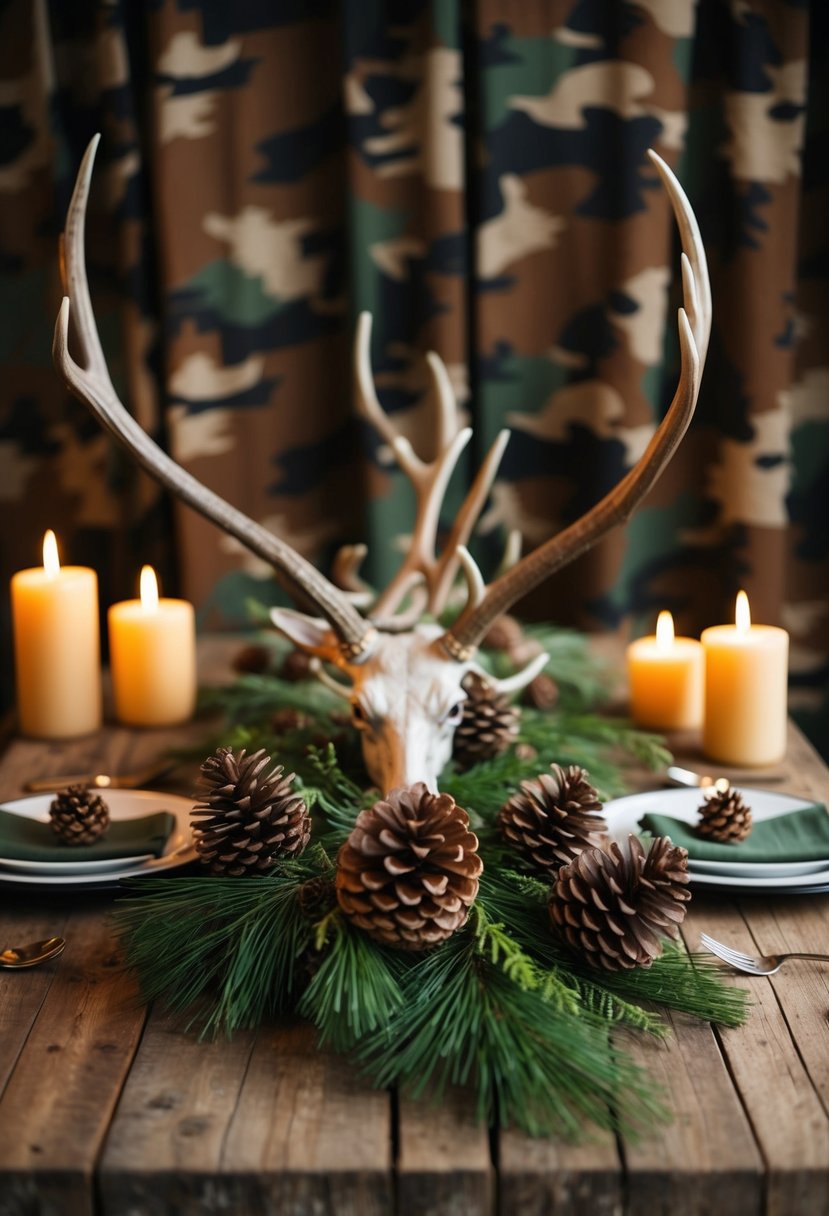 A rustic table adorned with antlers, pinecones, and earthy greenery, set against a backdrop of camouflage fabric and flickering candles