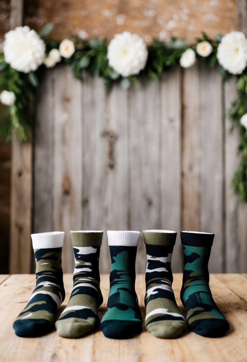 A group of camo high socks arranged in a neat row, with a rustic wedding backdrop