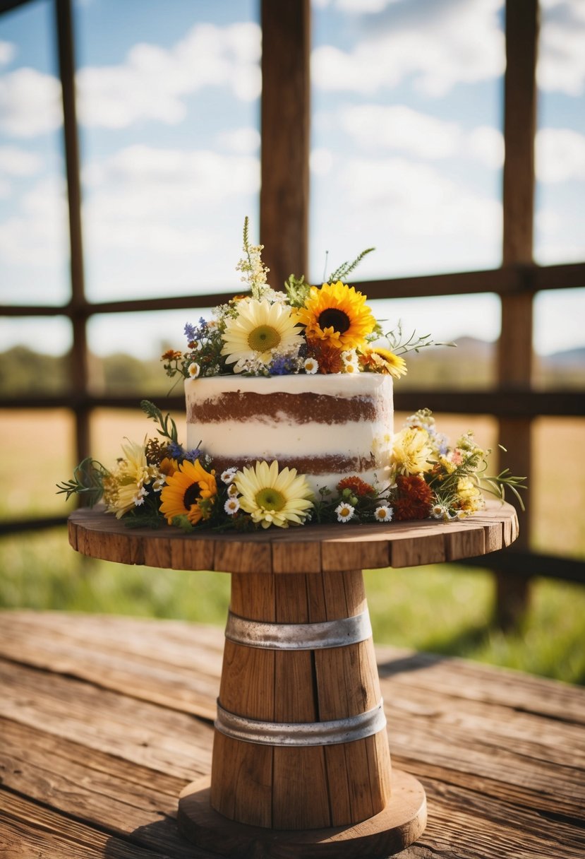 A rustic wooden cake stand adorned with wildflowers at a western wedding