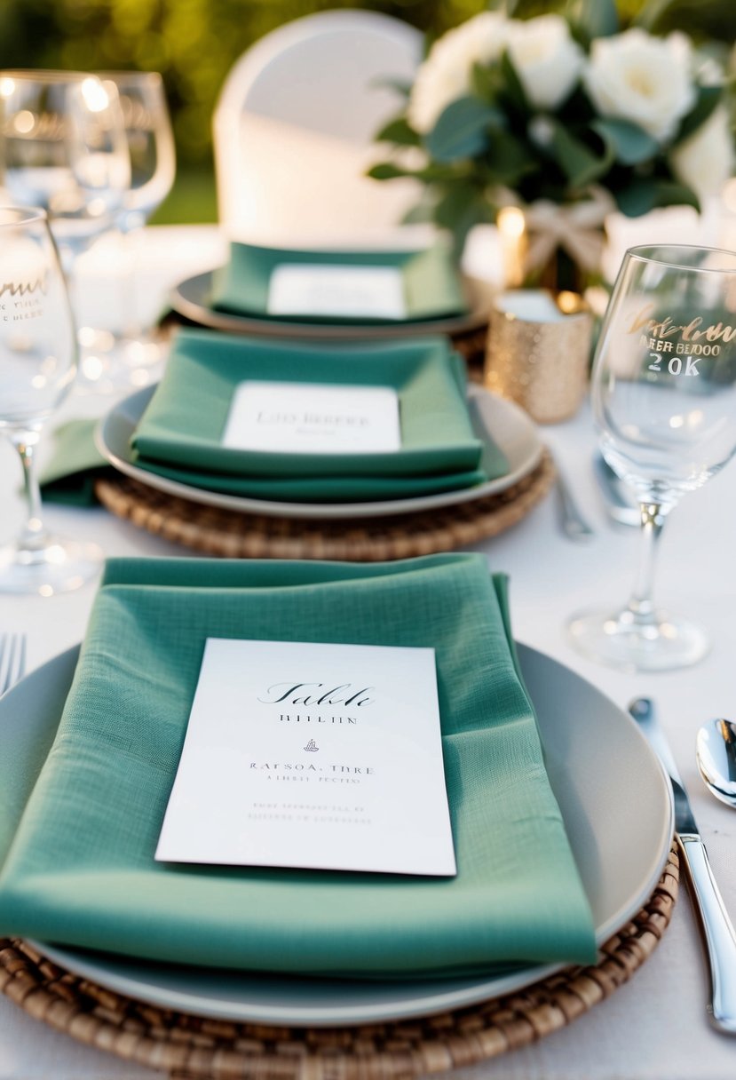 Sage green napkins arranged with personalized name cards for a wedding table setting