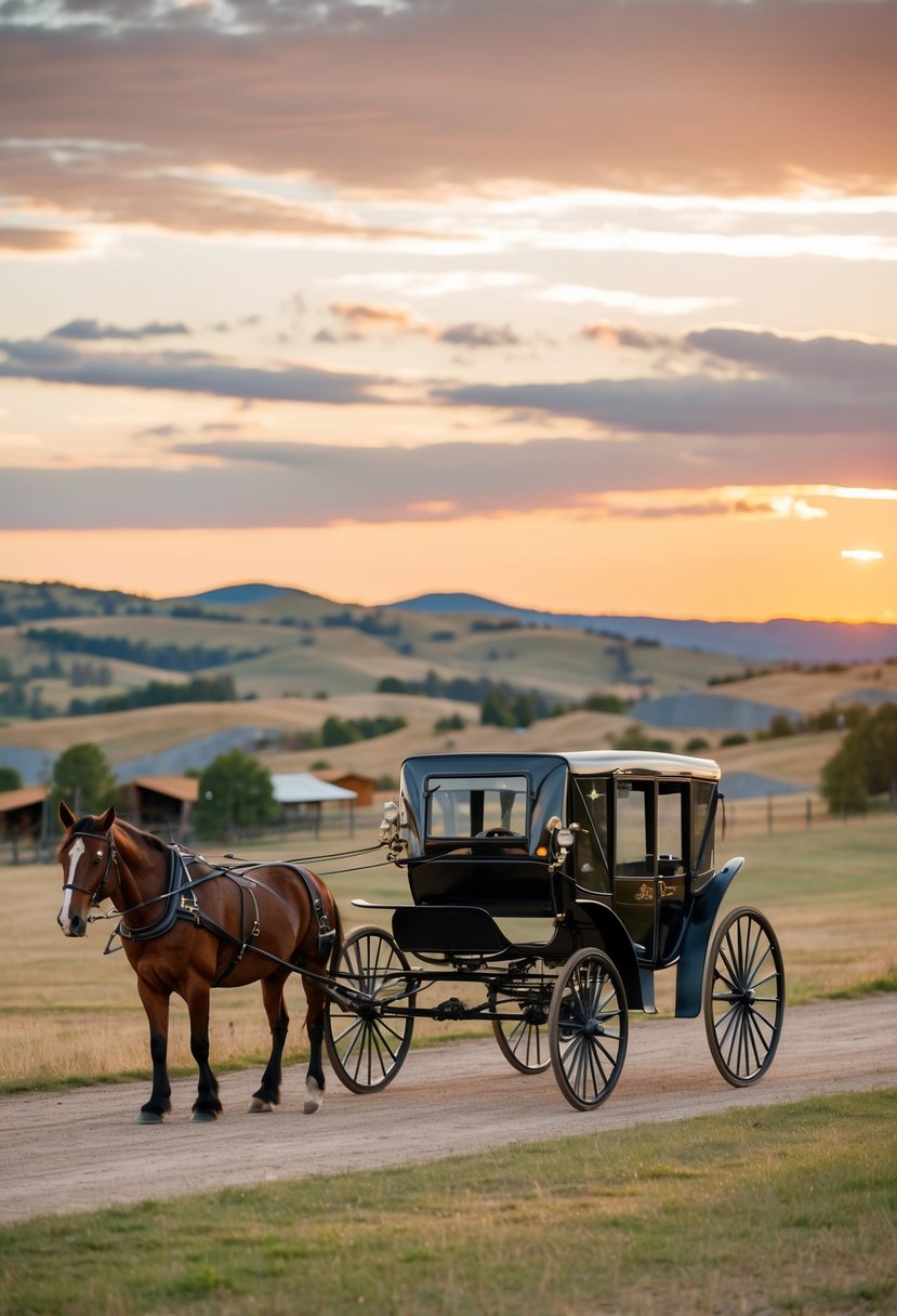 A horse-drawn carriage pulls up to a rustic western wedding venue, with a scenic backdrop of rolling hills and a golden sunset