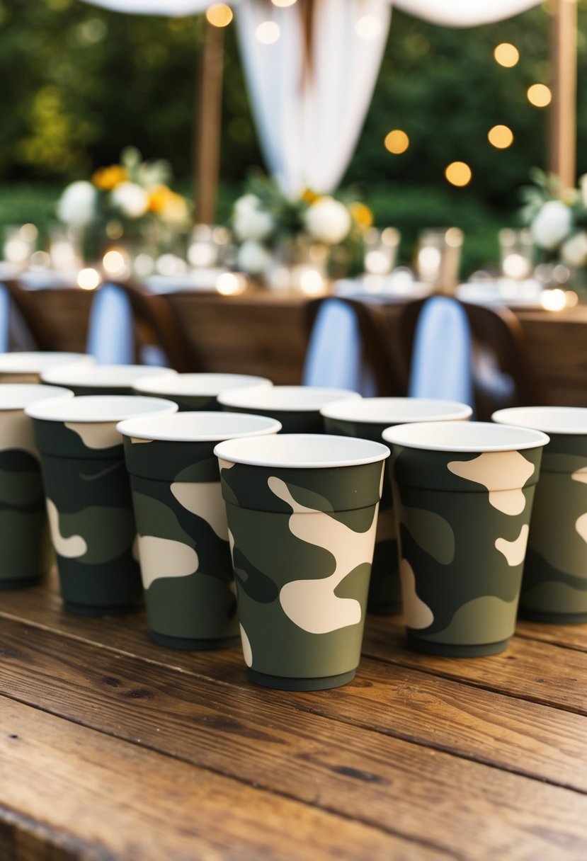 Rustic camo solo cups arranged on a wooden table at a camo-themed wedding reception