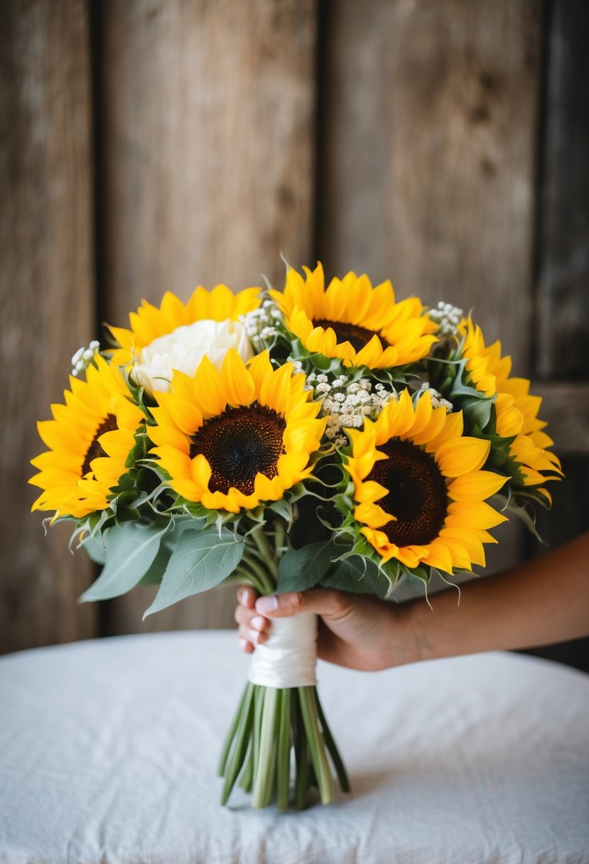 A sunflower bridal bouquet held against a rustic western backdrop