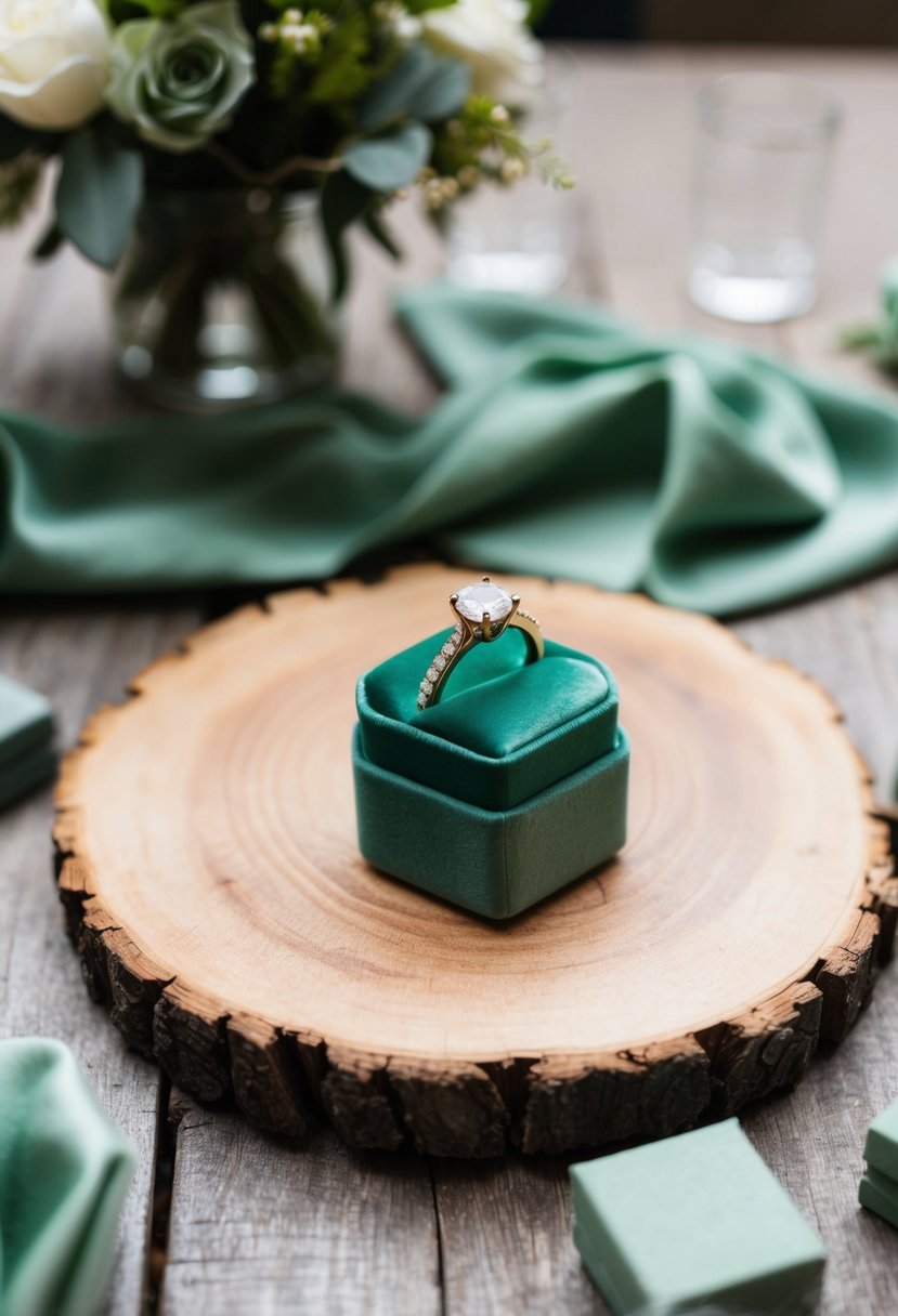 A sage green velvet ring box sits atop a rustic wooden table, surrounded by sage green wedding decor