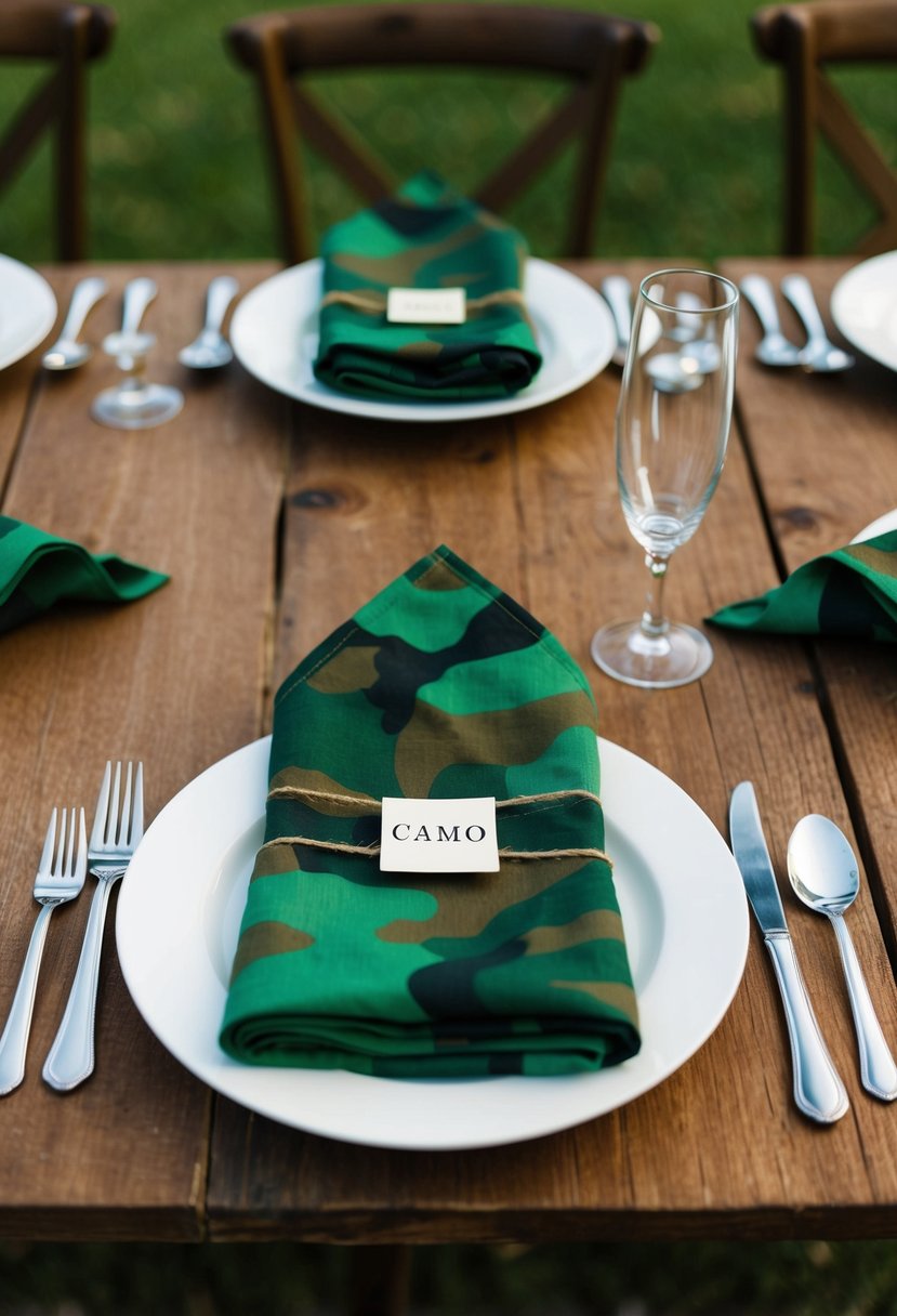 Green camo napkins and cutlery arranged on a rustic wooden table for a camo-themed wedding