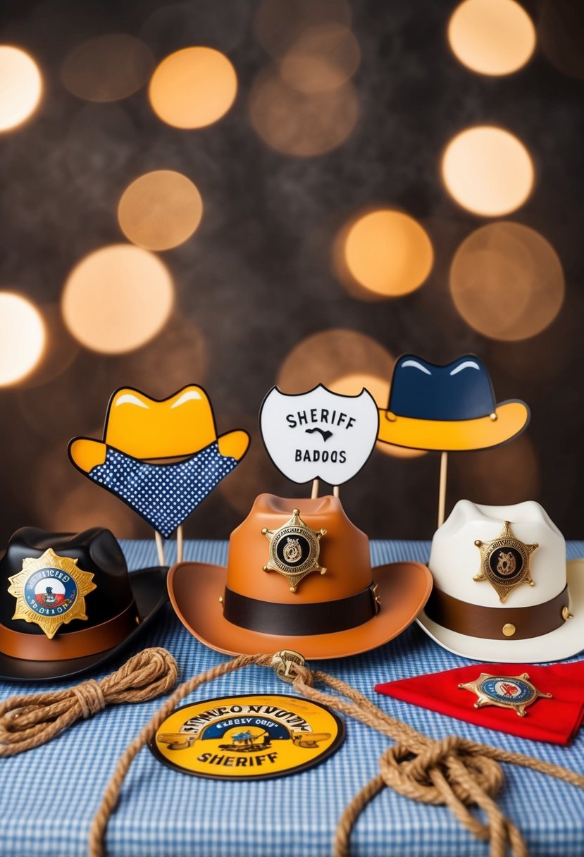 A table with vintage western photo booth props, including cowboy hats, bandanas, sheriff badges, and lassos