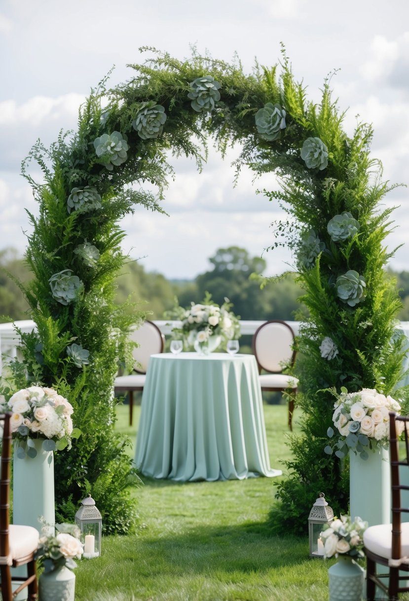 A lush greenery arch adorned with sage green accents, surrounded by serene and elegant sage green wedding decor