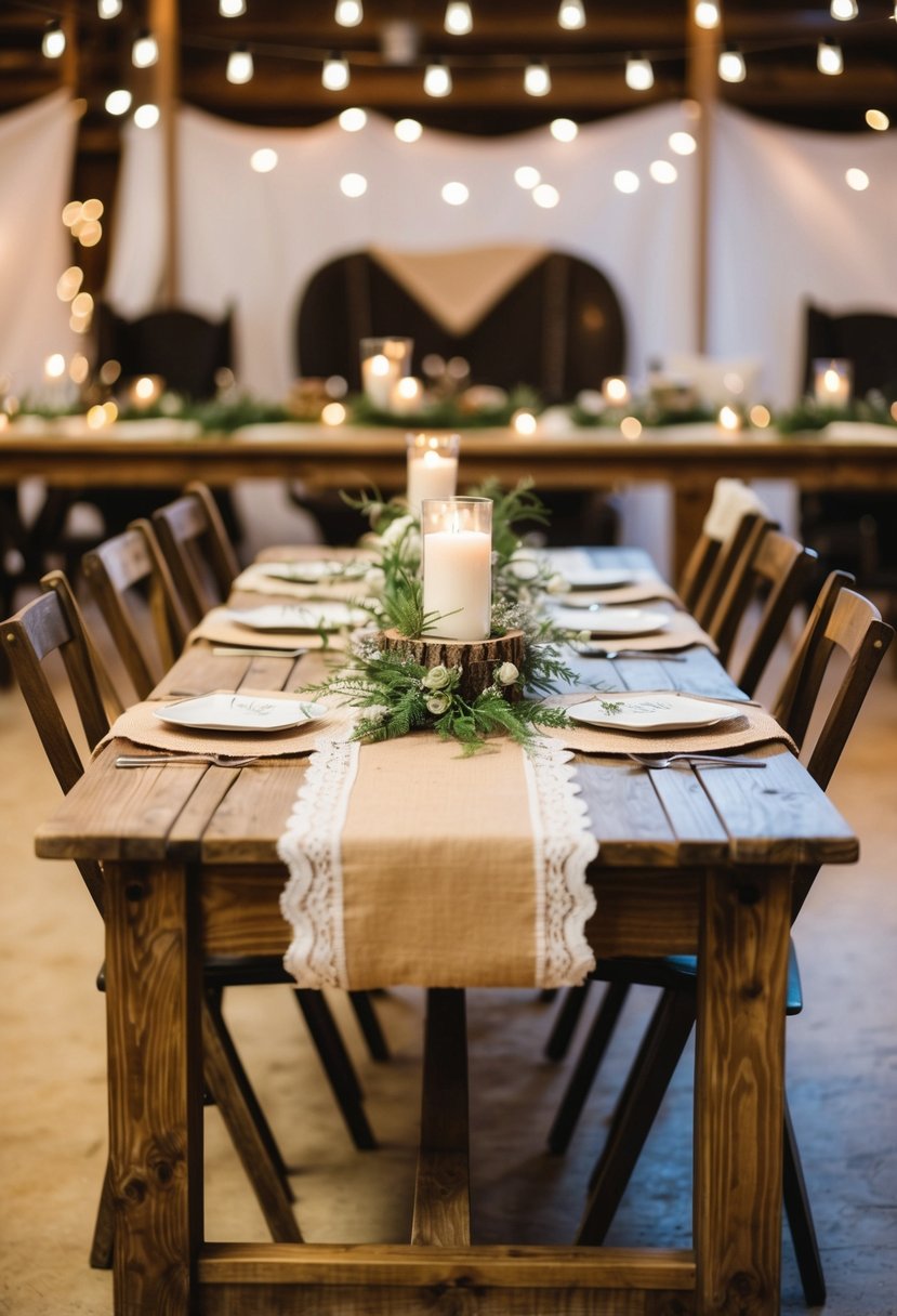 A rustic wooden table adorned with burlap and lace runners, set against a backdrop of western wedding decor