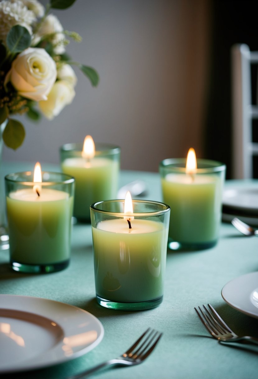 Sage green votive candles casting soft, ambient light on a table adorned with sage green wedding decor