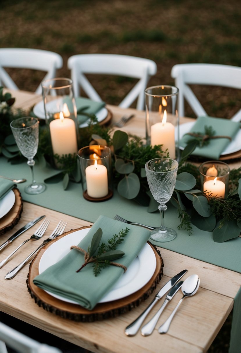 A rustic wedding table set with sage green linens and wooden accents, adorned with greenery and candles