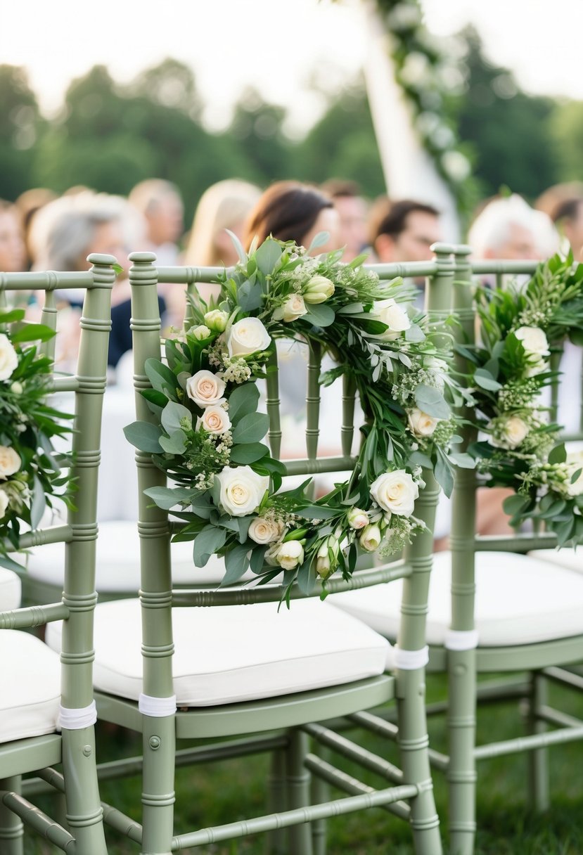 Floral wreaths adorn guest chairs in an outdoor wedding setting, featuring sage green decor