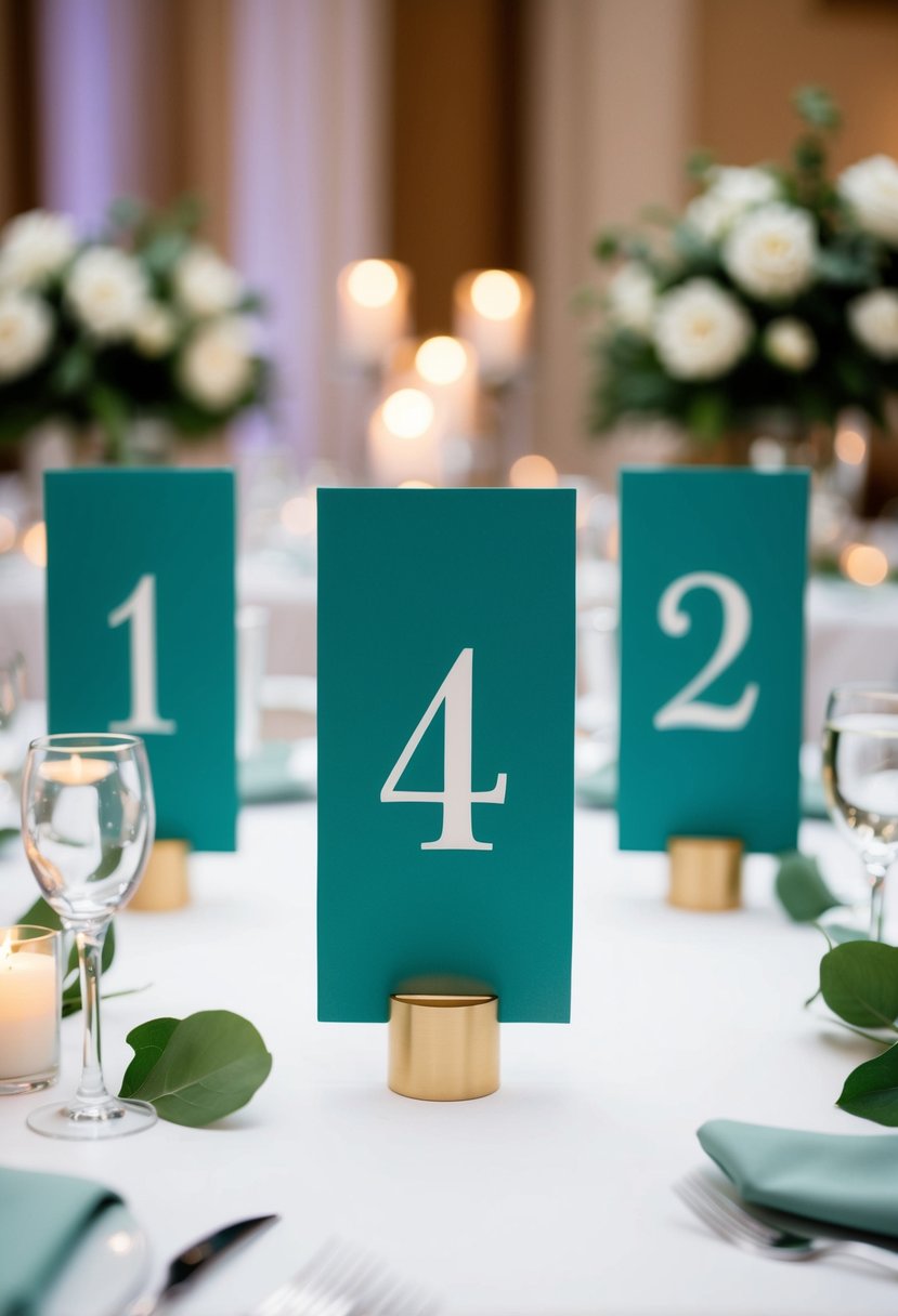 A set of elegant sage green table numbers arranged on a beautifully decorated wedding reception table