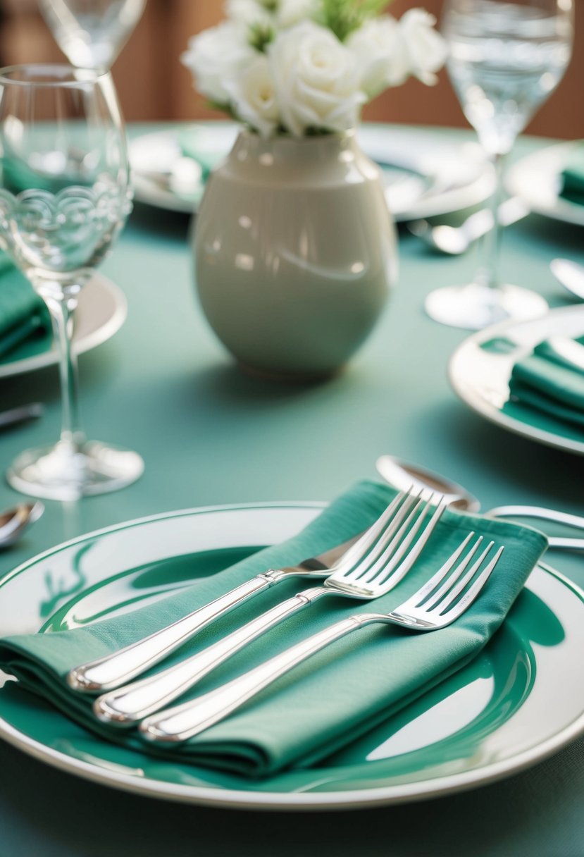 Sage green table settings with gleaming silver cutlery