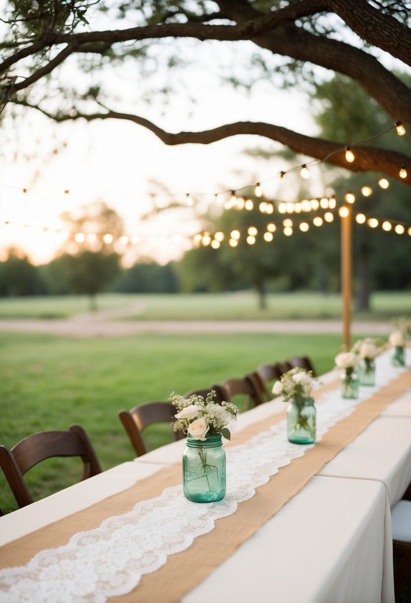 A rustic outdoor wedding with burlap and lace table runners, mason jar centerpieces, and string lights hung from tree branches