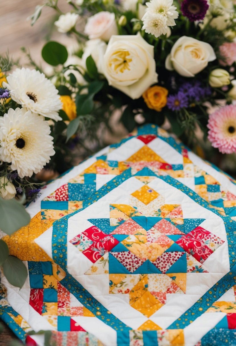 A colorful quilt with intricate patterns and delicate stitching, surrounded by flowers and wedding decor