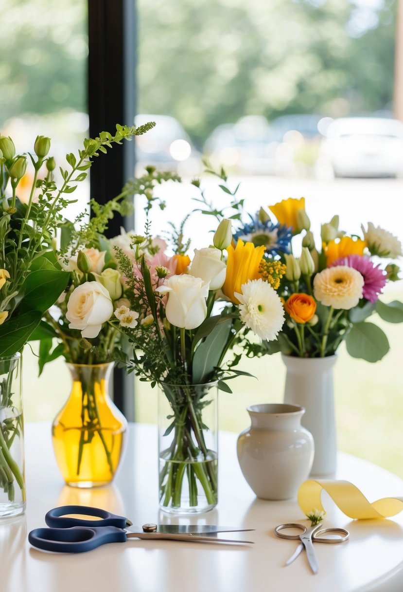 A table with assorted flowers, vases, and greenery. Scissors and ribbon nearby. Bright, natural light