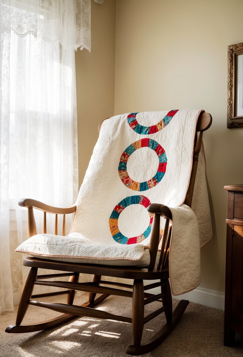 A cozy living room with a wooden rocking chair and a handmade Double Wedding Ring Quilt draped over the back. Sunlight filters through lace curtains