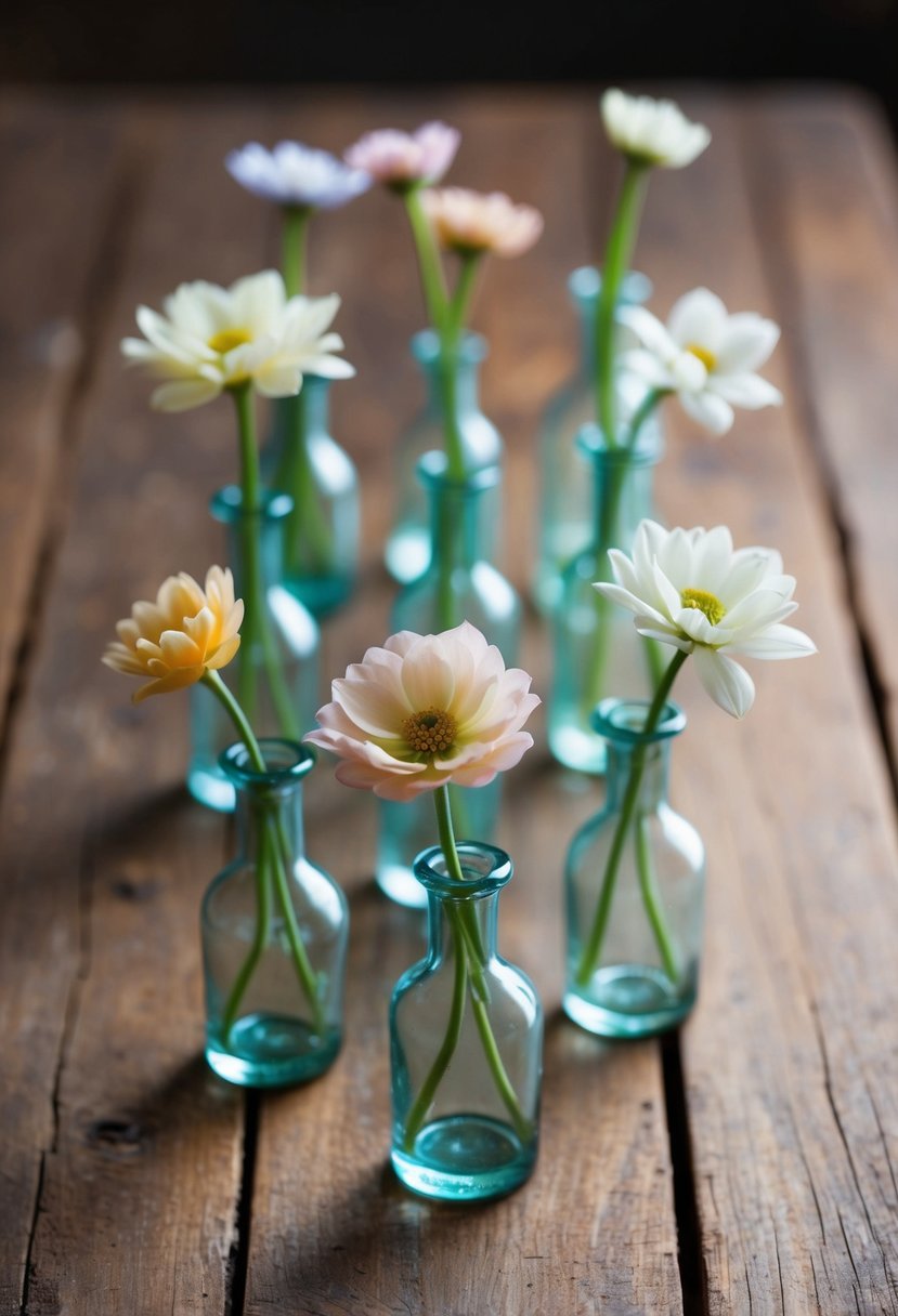 A collection of small, clear glass bud vases arranged on a rustic wooden table, each holding a single delicate flower in soft pastel colors