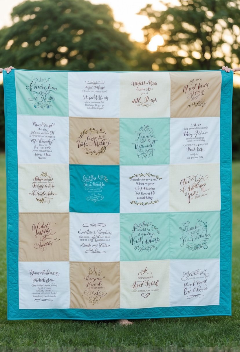 A quilt with various fabric squares, each containing embroidered signatures and well-wishes from wedding guests