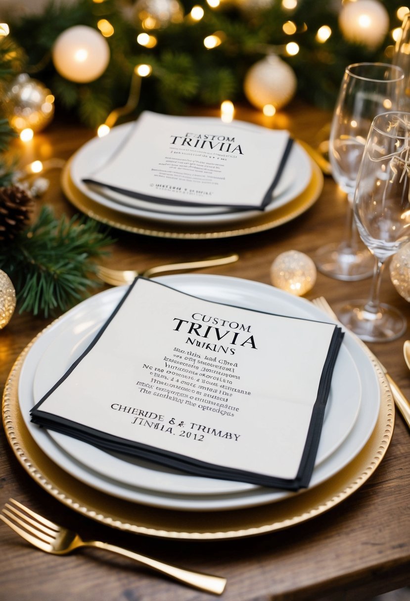 A table set with custom trivia wedding napkins, surrounded by festive decorations and twinkling lights