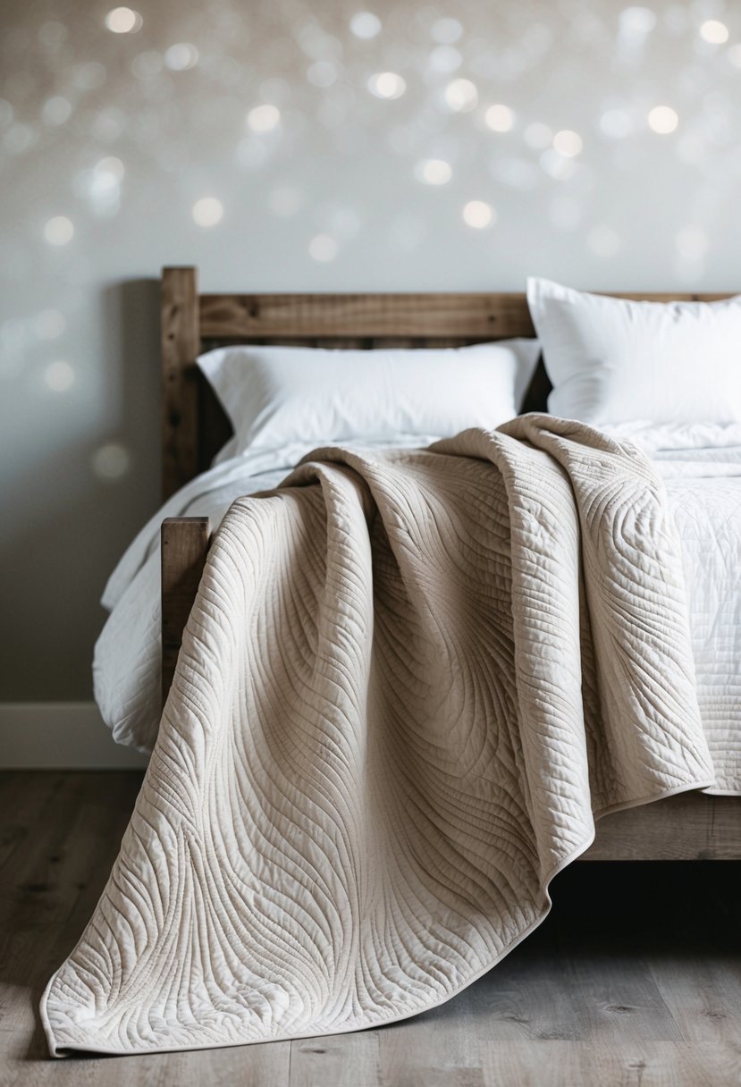 A neutral color quilt with intricate free motion texture, draped over a rustic wooden bed frame