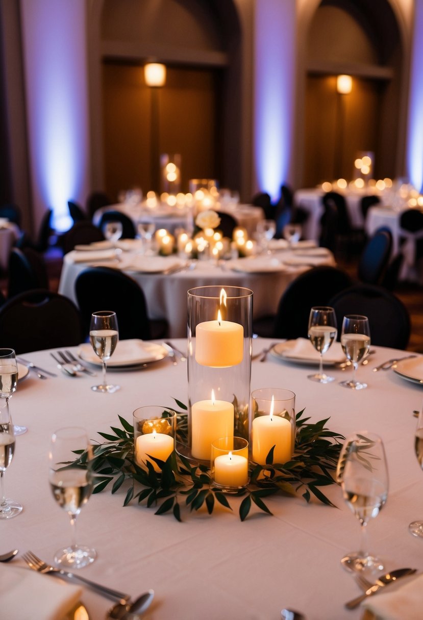 A table set with elegant floating candle centerpieces, casting a warm glow in a dimly lit reception hall