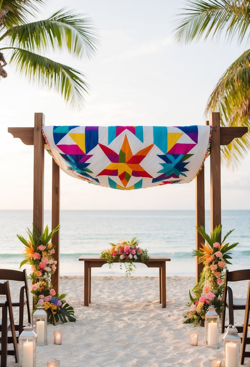 A serene beach wedding with a colorful Bali Wedding Star quilt draped over a wooden arch, surrounded by tropical flowers and palm trees