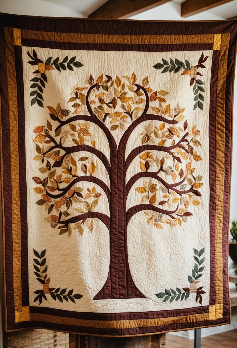 A cozy heirloom quilt featuring a family tree design, with intricate stitching and warm, earthy colors