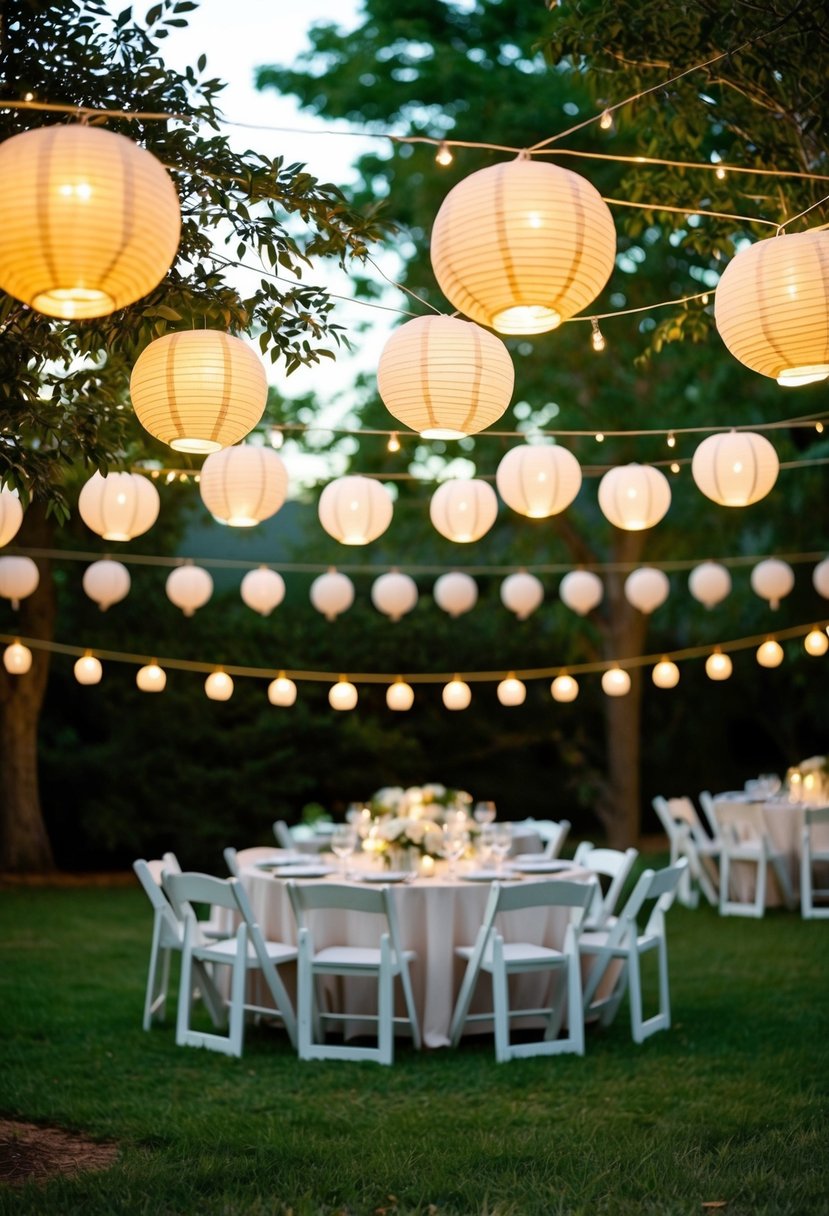 A backyard wedding with paper lanterns strung from trees, casting a warm glow over the simple yet elegant decor