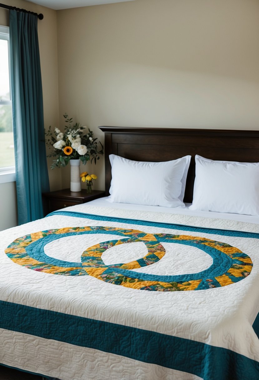 A king-size quilt draped over a bed, featuring intertwining patterns and colors symbolizing unity and love for a couple's wedding