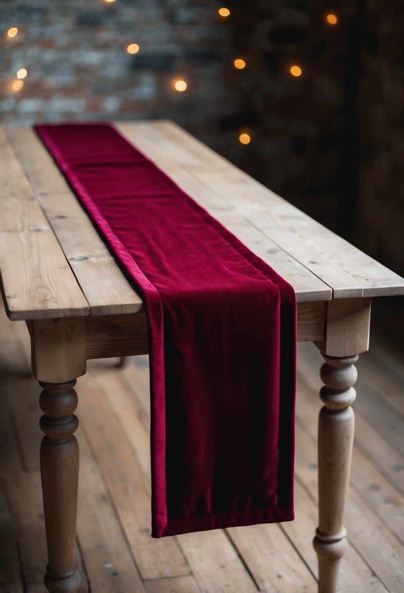 A long, rich velvet table runner drapes elegantly over a rustic wooden table, adding a touch of luxury to the simple setting