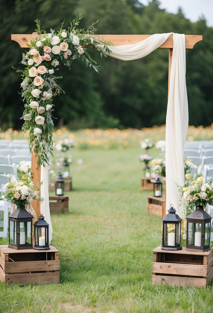 A wooden arch adorned with wildflowers and draped with fabric, surrounded by vintage lanterns and wooden crates filled with blooms