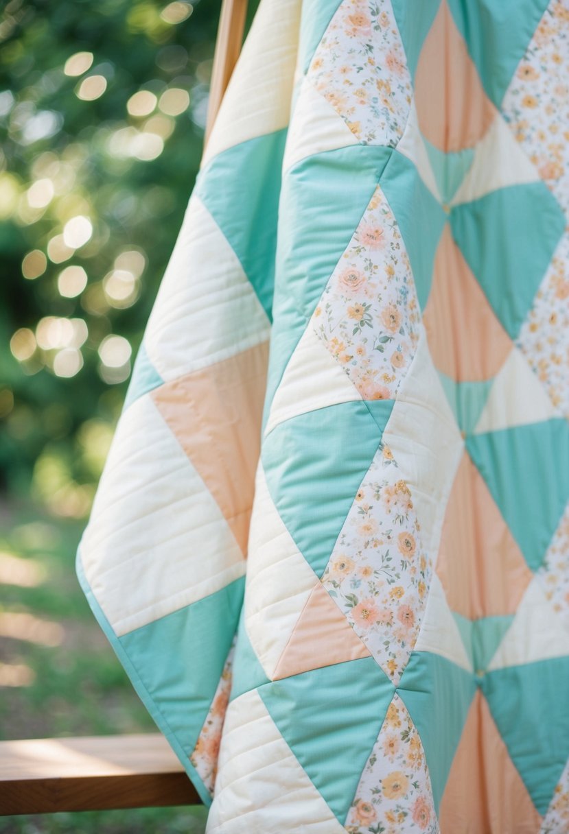 A low volume quilt with simple blocks arranged in a geometric pattern, featuring soft pastel colors and delicate floral accents