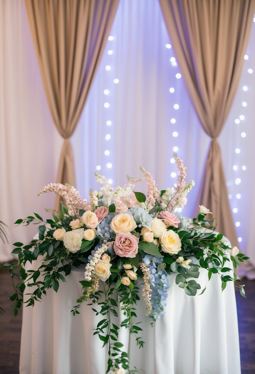 A table adorned with artificial floral arrangements in soft pastel colors, set against a backdrop of twinkling lights and draped fabric, creating an elegant and budget-friendly wedding decoration