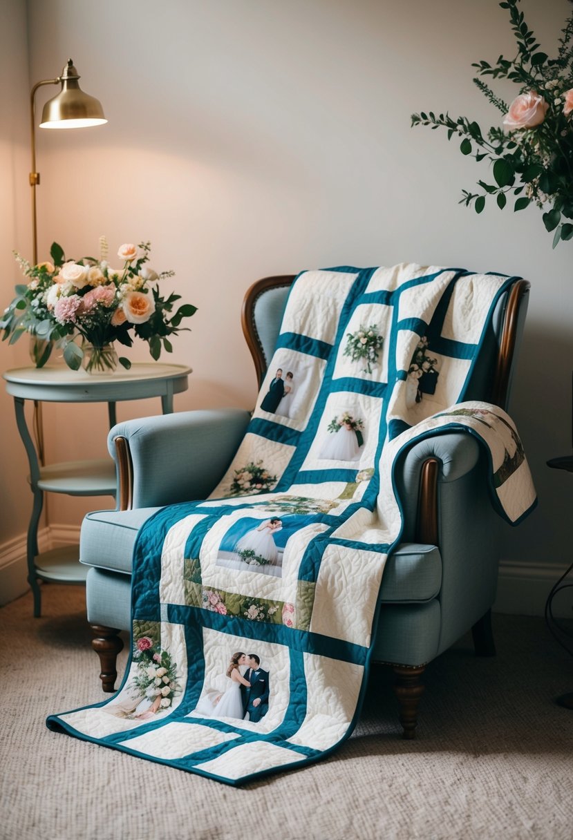 A cozy living room with a wedding photo quilt draped over a vintage armchair, surrounded by soft lighting and fresh flowers